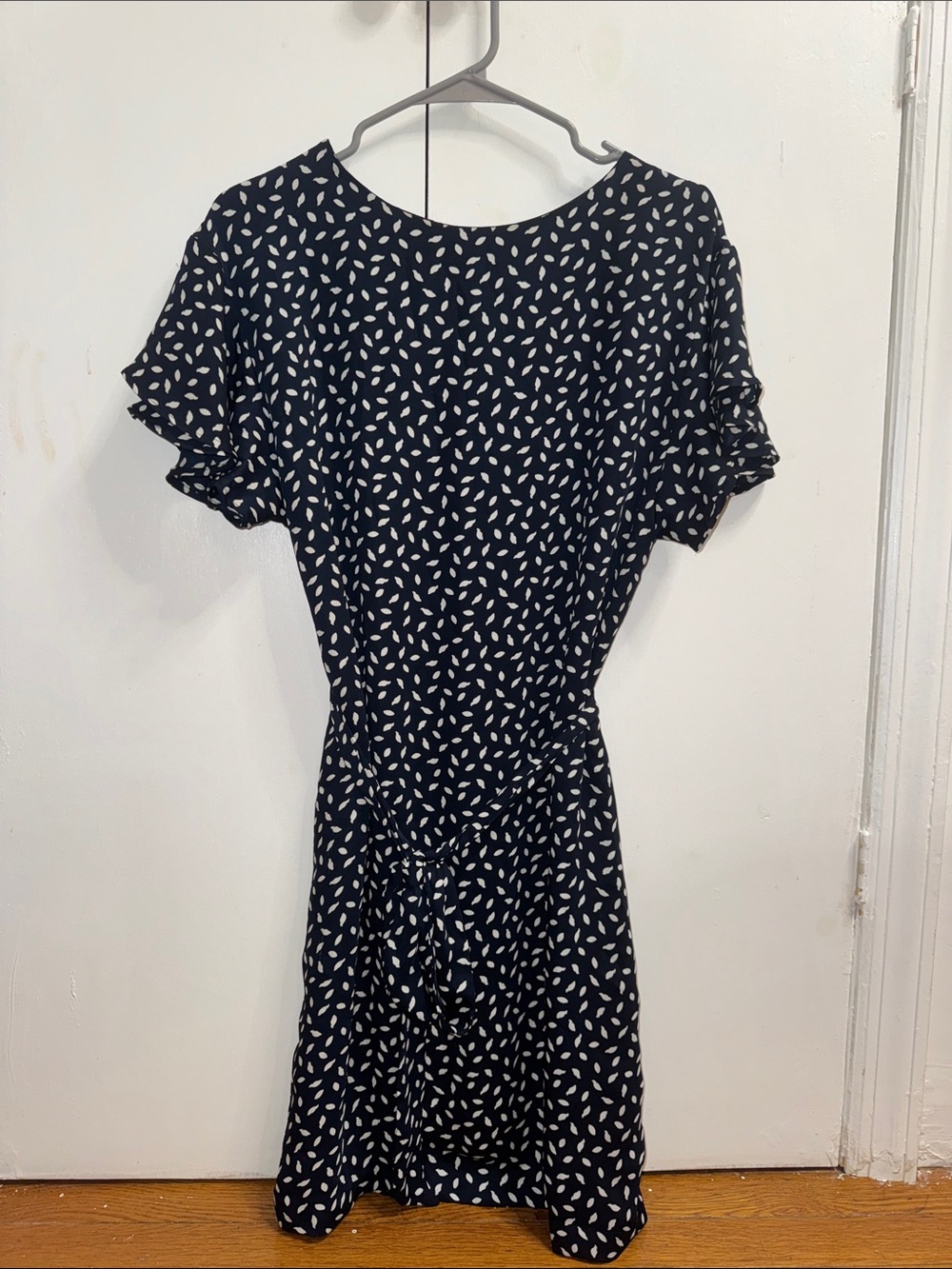 H&M Navy Dress with White Leaf Print and Waist Tie